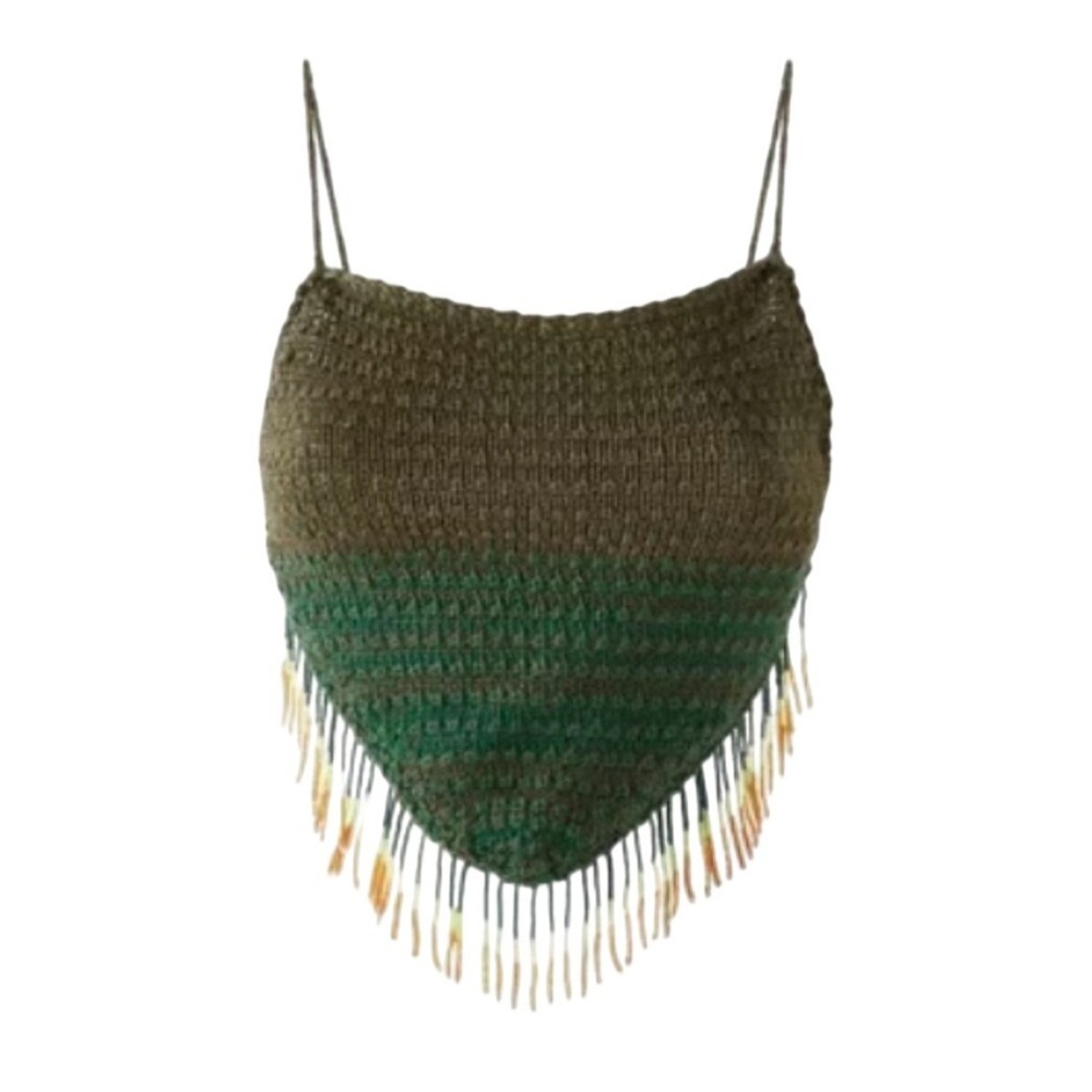 Agua Bendita Olive Green Crochet Fringe Crop Top